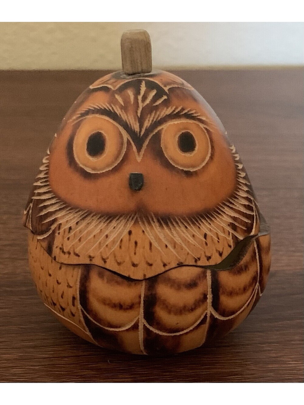 4” Hand Carved Gourd Owl Trinket Box Figurine Folk Art vintage